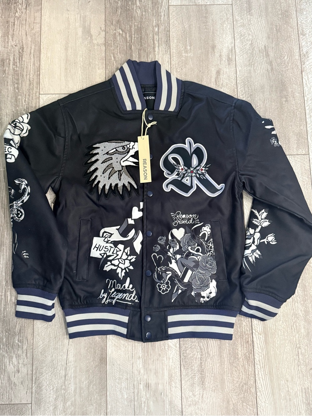 REASON Black Tattoo Graphic Varsity Bomber Jacket Size Small NWT